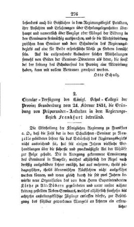 Circular-Verfügung des Königl. Schul-Collegii der Provinz Brandenburg vom 24. Februar 1834 die Gründung von Präparanden-Anstalten in dem Regierungs-Bezirk Frankfurt betreffend
