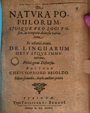 De Natvra Populorum, Ejusque Pro Loci Positu, ac temporis decursis variatione: Et insimul etiam, De Linguarum Ortv Atqve Immvtatione, Philologicus Discursus