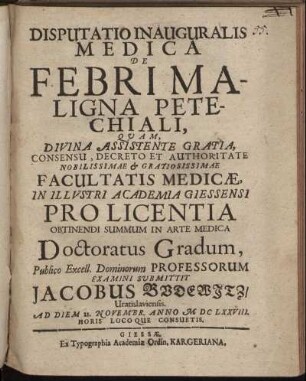 Disputatio Inauguralis Medica De Febri Maligna Petechiali