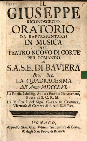 Il Giuseppe riconosciuto : Oratorio