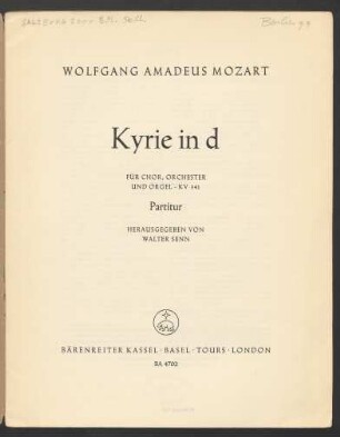 Kyrie in d : für Chor, Orchester und Orgel : KV 341