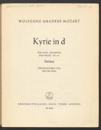 Kyrie in d : für Chor, Orchester und Orgel : KV 341