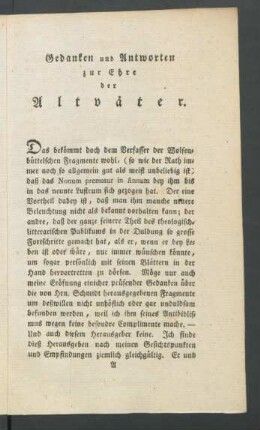Gedanken und Antworten zur Ehre der Altväter