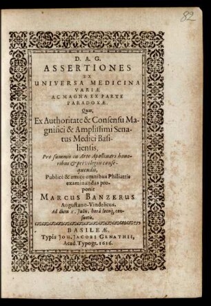 Assertiones Ex Universa Medicina Variae Ac Magna Ex Parte Paradoxae