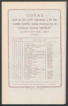 Obras que no han sido impresas y de las cuales facilita copia manuscrita la Librería Teatral "Apolo"