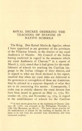 Royal decree ordering the teaching of Spanish in native schools