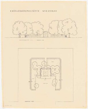 Friedhof und Ehrenmal, Weruschau: Lageplan und Ansicht Ehrenmal mit Grünflächen 1:200
