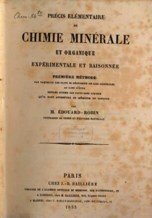 Précis élémentaire de chimie minérale et organique expérimental et raisonnée