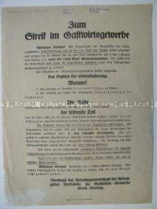 Flugblatt des Vorstands der Arbeitsgemeinschaft der Arbeitgeber-Verbände im Gastwirts-Gewerbe Groß-Berlins zum Thema Lohnforderungen der Kellner