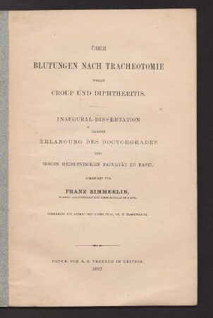 Über Blutungen nach Tracheotomie wegen Croup und Diphtheritis