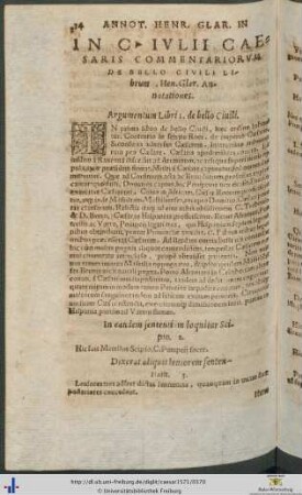 In Gaii Iulii Caesaris Commentariorum De Bello Civili Librum Henrici Glareani Annotationes In Librum I