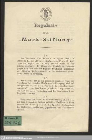 Regulativ für die Mark-Stiftung