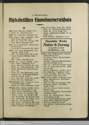 3. Abteilung. Einwohnerverzeichnis : 3. Abteilung. Alphabetisches Einwohnerverzeichnis