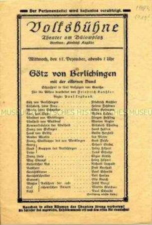 Theaterprogramm der Volksbühne für "Götz von Berlichingen" von Johann Wolfgang von Goethe