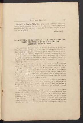 La Academia de la Historia y la celebración del cuarto centenario de la villa de San Cristóbal de la Habana