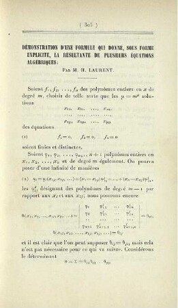 Démonstration d'une formule qui donne, sous forme explicite, la résultante de plusieurs équations algébriques.