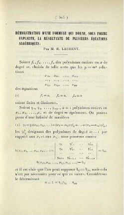 Démonstration d'une formule qui donne, sous forme explicite, la résultante de plusieurs équations algébriques.