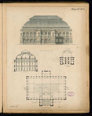 Palmenhaus Monatskonkurrenz März 1881: Grundriss Erdgeschoss, Obergeschoss, Aufriss Vorderansicht, Querschnitt; 2 Maßstabsleisten