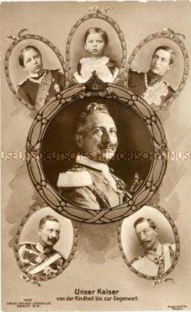 Postkarte mit sechs Porträts Wilhelms II.