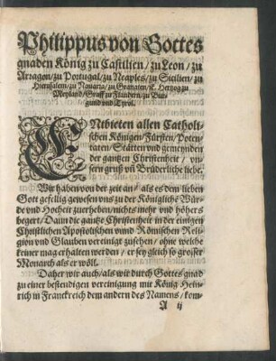 Philippus von Gottes gnaden König zu Castilien ...