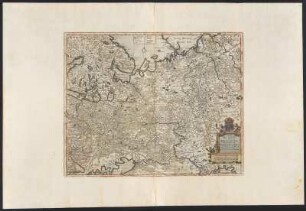 Karte vom Moskauer Staat, 1:5 200 000, Kupferstich, um 1702 : Imperii Russici Sive Moscoviae Status Generalis : in ejus Regna, Ducatus, Provincias, Populosque Subiacentes Divisus, et ex Tabula Spectatmi. Domini N. Witsen, Urbis Amstelodamensis Consulis etc. pro Maiori Parte Excerptus ; Cum Priv. P. D. Ord. Holl. West-frisiaeque / Per F. de Witt. - Ca. 1: 5 200 000 Amst., [1702?]. - 1 Karte : Kupferstich, handkoloriert ; Blattgröße 63 x 93 cm, Bildgröße 43 x 54 cm // Maßstab in graph. Form (Milliara Germanica Sive Geometrica, Milliaria Gallica Magnae Sive Horae Itineris)