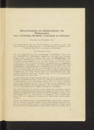 Bekanntmachung des Bundesministers für Wohnungsbau betr.: Vorläufiges Merkblatt "Luftschutz im Städtebau" Fassung vom Dezember 1952