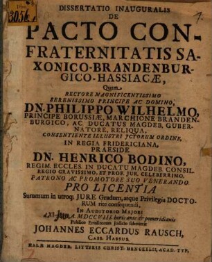 Dissertatio Inauguralis De Pacto Confraternitatis Saxonico-Brandenburgico-Hassiacæ