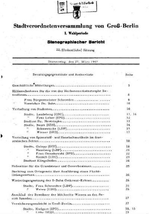 Nr. 22, 27. März 1947, Ordentliche Sitzung