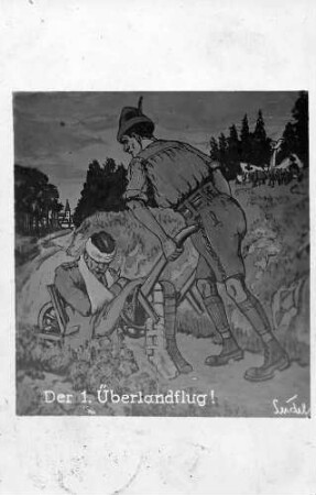 "Der 1. Überlandflug!", ein Mann schiebt einen Verletzten auf einem Karren einen Weg entlang in Richtung eines Dorfes; im Hintergrund ist ein abgestürzter Flieger auf einer Wiese zu sehen Feldpostkarte vom 26.10.1918 an Babette Müller, Ellerstadt, von Philipp Müller, Fliegschule 6 / Bamberg