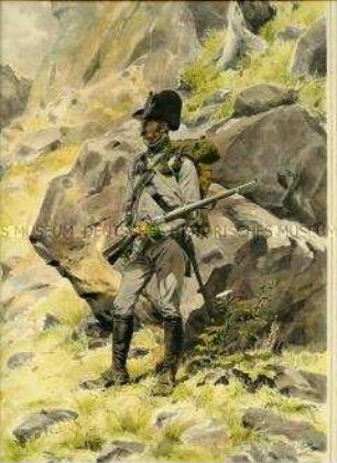 Uniformdarstellung, Gemeiner des Jäger-Bataillons im Gebirge, Österreich, 1809. Tafel 47 aus: Ottenfeld/Teuber: Die österreichische Armee.