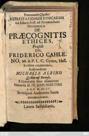 Exercitationum Ethicarum Ad. Ethica Arist. ad Nicomachum Prooemialis De Praecognitis Ethices