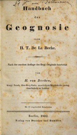 Handbuch der Geognosie : mit 23 eingedruckten Holzschnitten