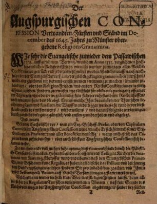 Der Augspurgischen Confession Verwandten, Fürsten und Ständ im December des 1645. Jahrs zu Münster ubergebene ReligionsGravamina