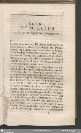 Éloge De M. Euler Par M. Le Marquis De Condorcet