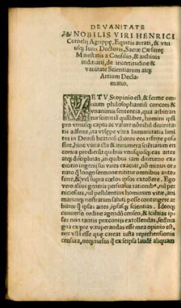 Nobilis Viri Henrici Cornelii Agrippae ... Sacrae Caesareae Maiestatis a Consilio, & archivis inditiarii, de incertitudine & vanitate Scientiarum atque Artium Declamatio.