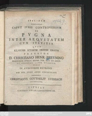 Specimen Continens Capvt Ivris Controversvm De Pvgna Inter Aeqvitatem Cvm Ivstitia