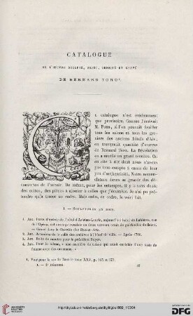 2. Pér. 1.1869: Catalogue de l'œuvre sculpté, peint, dessiné et gravé de Bernhard Toro