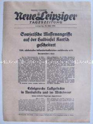 Extrablatt der "Neuen Leipziger Tageszeitung" zur Abwehr des sowjetischen Angriffs auf der Krim und Luftgefechten in Nordafrika