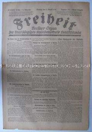Tageszeitung der USPD Berlin "Freiheit" u.a. zum Internationalen Sozialistenkongress in Holland