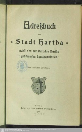 1912: Adreßbuch der Stadt Hartha nebst den zur Parochie gehörigen Landgemeinden