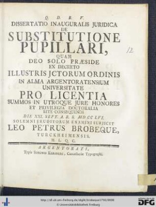 Dissertatio Inauguralis Juridica De Substitutione Pupillari