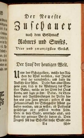 Der neueste Zuschauer nach dem Geschmack Rabners und Swifts. Vier und zwanzigstes Stück.