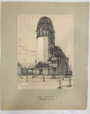 [Kirche mit achteckigem Turm auf einem Platz]