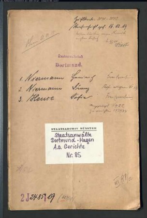 Landfriedensbruch (Plünderungen usw. in Hamm am 3.- 4.7.1919) Niemann, Heinrich Niemann, Franz Hense, Sophie, geb. Niemann