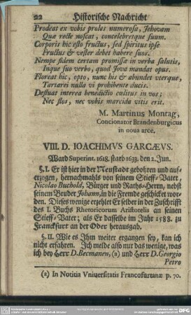 VIII. D. Ioachimus Garcaeus. Ward Superint. 1618. starb 1633. den 2. Jun.