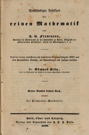 Vollständiger Lehrkurs der reinen Mathematik, 1,3. Die Elementar-Geometrie