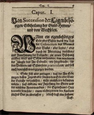 Caput. I. Von Succession der Eigenbehörigen/ Erbtheilung der Guts-Herren und von Wechselen