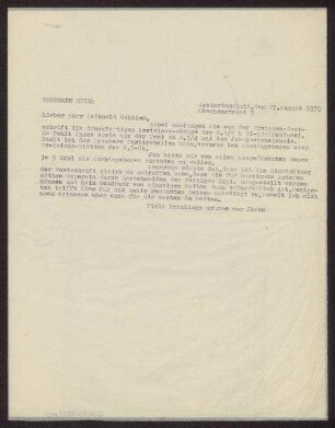Brief von Herrmann Meyer (1901-1972) an Reinhold Scholem (1891-1985) betreffend die Festschrift für Aron Freimann (1871-1948)