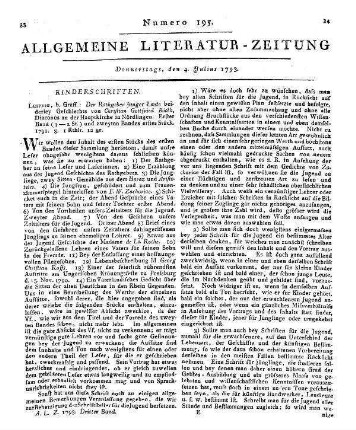 [Sammelrezension zweier aus dem Franz. übers. Schulfibeln] Rezensiert werden: 1. Histörchen und Gespräche zum Gebrauche für Kinder, die anfangen zu buchstabiren. - Straßburg : Dannbach. - Th. 1.-2. - 1790 2. Histörchen und Gespräche zum Gebrauche für Kinder, die anfangen geläufig zu lesen. - Straßburg : Dannbach. - Bdch. 1. - 1790