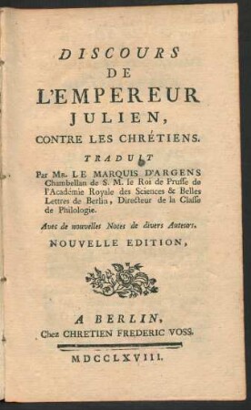 Discours De L'Empereur Julien, Contre Les Chrétiens